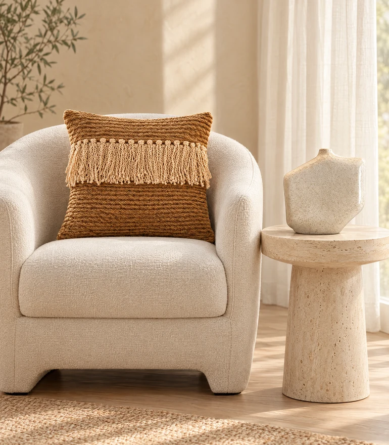 Canto de leitura com almofada caramelo e vaso orgânico da ANNI Home