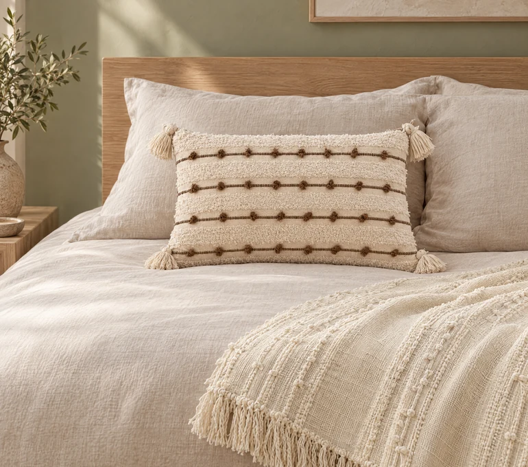 Quarto com almofada bege e manta de tear crua da ANNI Home