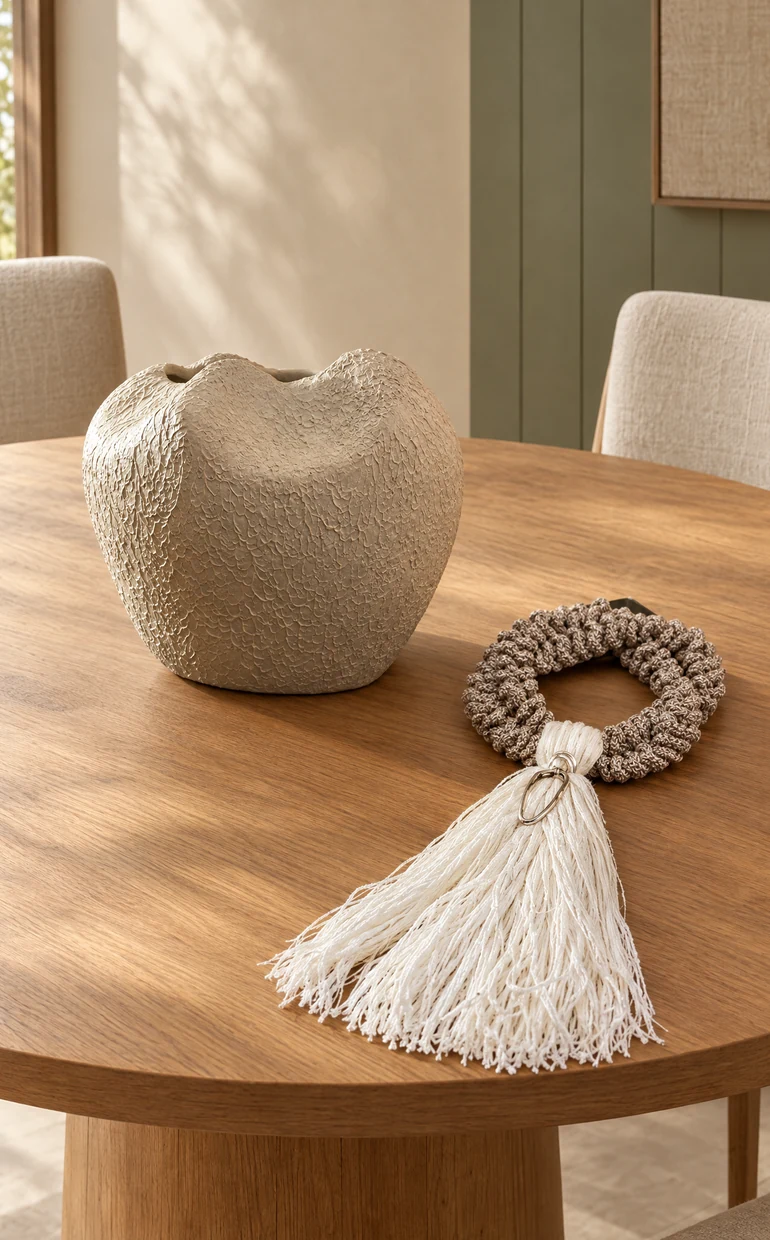 Mesa de jantar com vaso texturizado e colar decorativo da ANNI Home